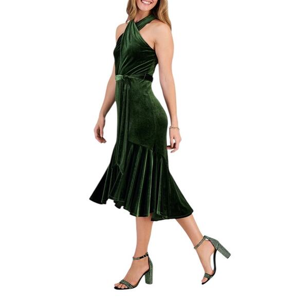 Taylor Women's Velvet Halter Green Asymmetrical Hem Holiday Dress Plus Size 16 - Picture 2 of 11